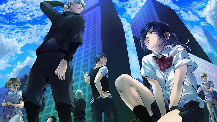 Fotografía de ángulo bajo de póster de anime, Tokyo Ghoul, Kaneki Ken, Kirishima Touka, Shuu Tsukiyama, ojos, anime, Fondo de pantalla HD
