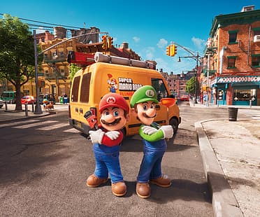  the super mario bros. movie, Mario Bros., Nintendo, video game art, digital art, video games, city, environment, couple, Luigi, street, HD wallpaper HD wallpaper
