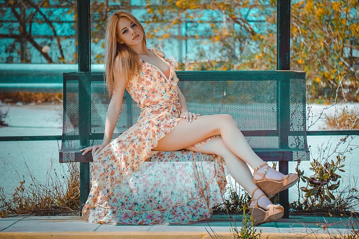 Artur Kurjan, women, blonde, dress, flower dress, legs, bench, outdoors, HD wallpaper