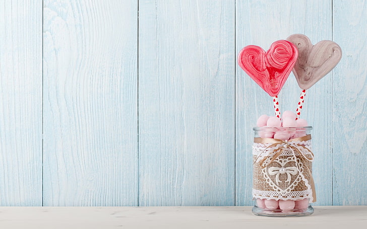 Love Heart Lollypop Romantic, dua lolipop coklat dan merah berbentuk hati, Love,, heart, romantic, lollypop, Wallpaper HD