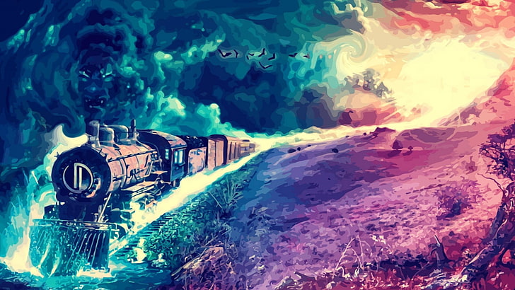 влак с лице дим дигитален тапет, произведения на изкуството, фентъзи изкуство, дигитално изкуство, цветен, влак, пейзаж, живопис, парен локомотив, HD тапет