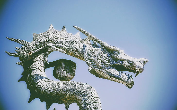 картина зеленого и белого дракона, дракон, Китай, HD обои