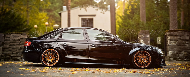 black sedan, Audi, Stance, car, HD wallpaper
