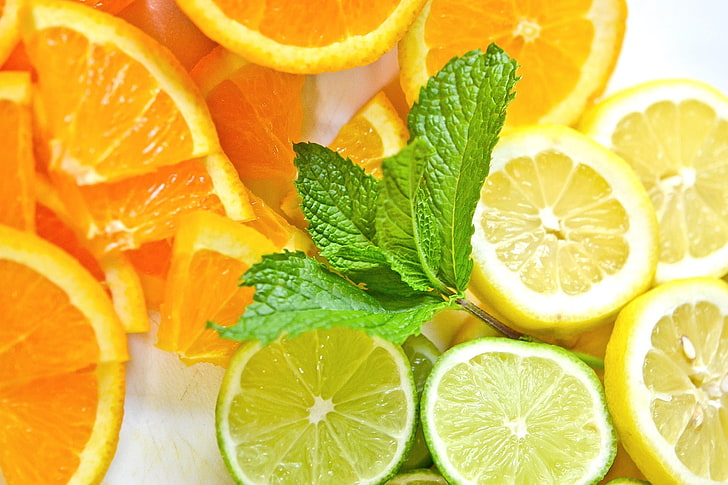 citrus fruits and mint leaves, lemon, orange, food, lime, mint, freshness., HD wallpaper