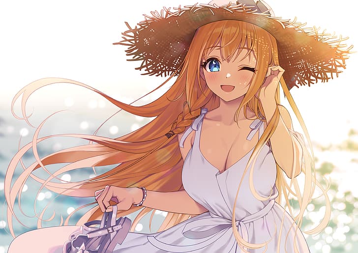 Princess Connect Re:Dive, Pecorine (Princess Connect!), letnia sukienka, słomkowy kapelusz, niebieskie oczy, mrugające, długie włosy, blondynka, Tapety HD