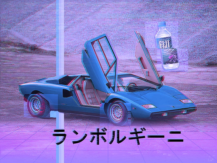 VHS, 80, vaporwave, mascota de automóviles lamborgini voiture mascota como swag nice hd, glitch art, Lamborghini, blue cars, car, vehicle, digital art, Fondo de pantalla HD