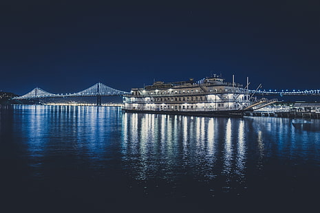 Kace Rodriguez, ночь, отражение, мост, уличный фонарь, Сан-Франциско, San Francisco Bay, корабль, ночное небо, городской пейзаж, США, HD обои HD wallpaper