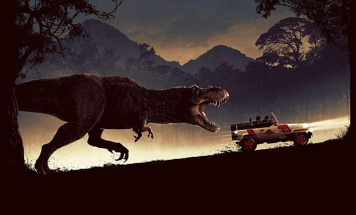 1993 (rok), Jurassic Park, dinozaury, filmy, samochód, mrok, dzieło sztuki, pojazd, Tapety HD