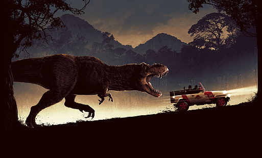 1993 (Ano), Jurassic Park, dinossauros, filmes, carro, sombrio, obras de arte, veículo, HD papel de parede HD wallpaper