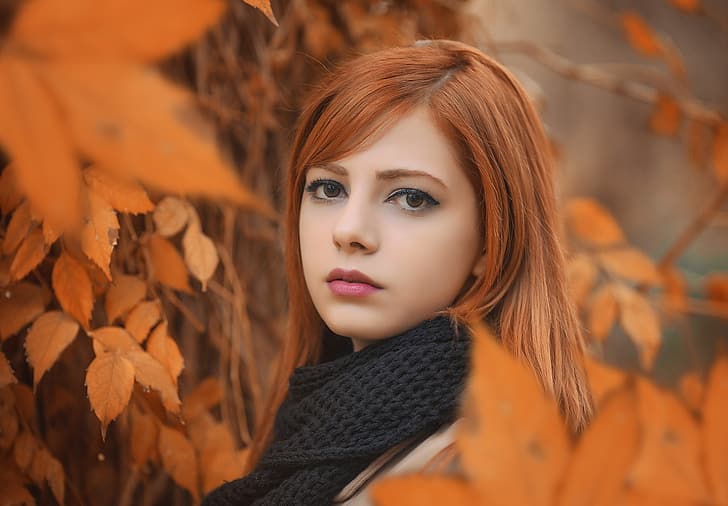 autumn, leaves, girl, branches, nature, model, portrait, makeup, scarf, hairstyle, beautiful, yellow, redhead, Melis, Arif Mounted, HD wallpaper