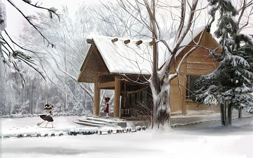 ضريح Hakurei - مشروع Touhou ، منزل خشبي بني مغطى بالثلج ، أنيمي ، 1920 × 1200 ، مشروع Touhou ، ضريح hakurei، خلفية HD HD wallpaper