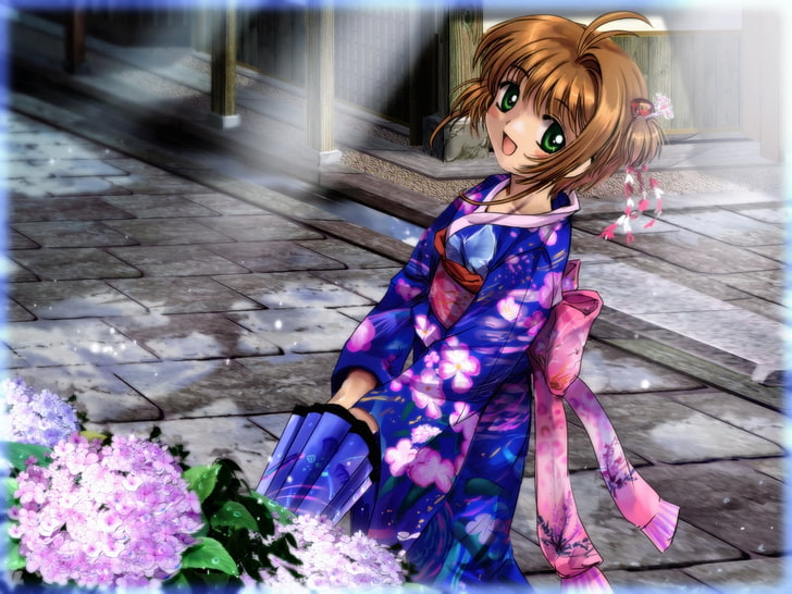 Sakura av Cardcaptor Sakura illustration, flicka, söt, glädje, kimono, paraply, gata, HD tapet