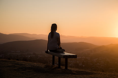 bench, alone, solitude, sunset, mountains, girl, HD wallpaper HD wallpaper
