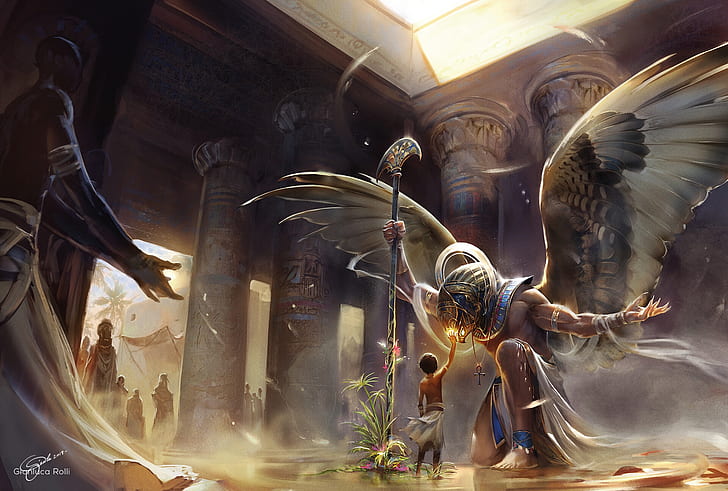 Fantasy, Gods, Boy, Columns, Egypt, Horus (Deity), Temple, Wings, HD wallpaper