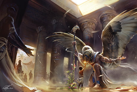 판타지, 신, 소년, 열, 이집트, Horus (신성), 신전, 날개, HD 배경 화면 HD wallpaper