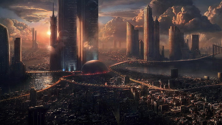 Stadtgebäude nahe Gewässer tagsüber, futuristisch, Science-Fiction, Wolkenkratzer, Stadtbild, Fantasiekunst, digitale Kunst, futuristische Stadt, HD-Hintergrundbild