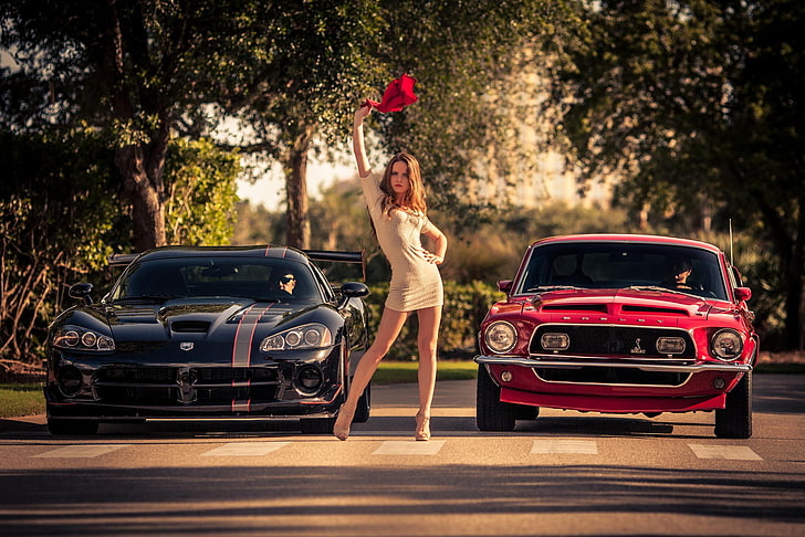 women's white bodycon dress, car, Ford Mustang Shelby, minidress, road, trees, women, American cars, women with cars, Kristina Yakimova, Dodge Viper, muscle cars, high heels, HD wallpaper
