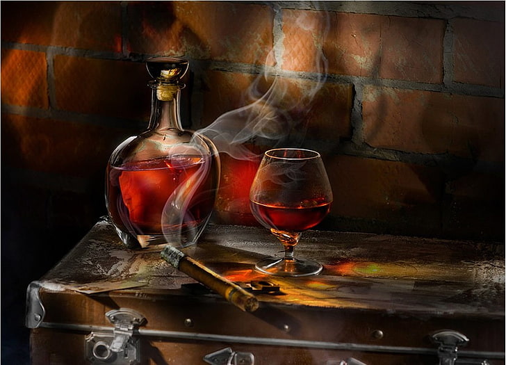 bicchiere di vino e bottiglia, bicchiere, sigaro, whisky, Sfondo HD