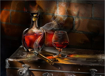 kieliszek do wina i butelka, szkło, cygaro, whisky, Tapety HD HD wallpaper