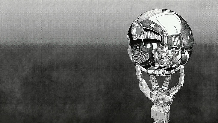 robot, M. C. Escher, monocromatico, sfera, riflesso, Sfondo HD