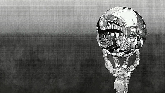 robot, M. C. Escher, monocromo, esfera, reflejo, Fondo de pantalla HD HD wallpaper