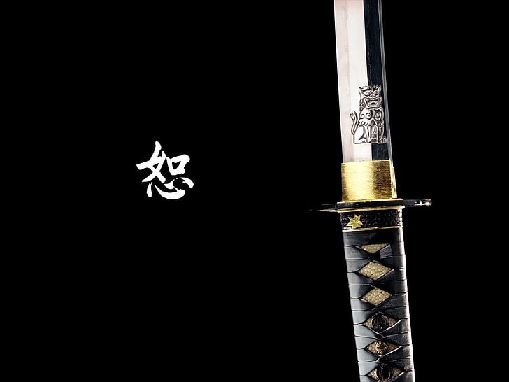 черный стальной меч самурая с наложением текста, катана, меч, Kill Bill, HD обои