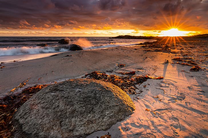 arena, puesta de sol, huellas, costa, Noruega, Rogaland, Fondo de pantalla HD
