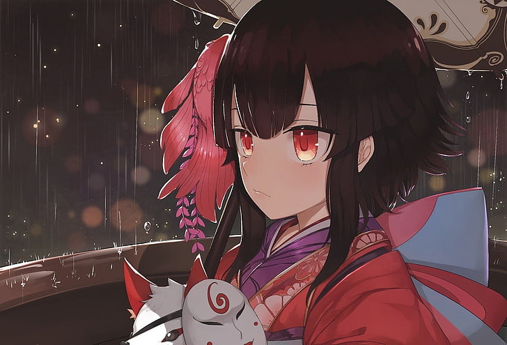 gadis anime, anime, mata merah, kimono, hujan, Wallpaper HD