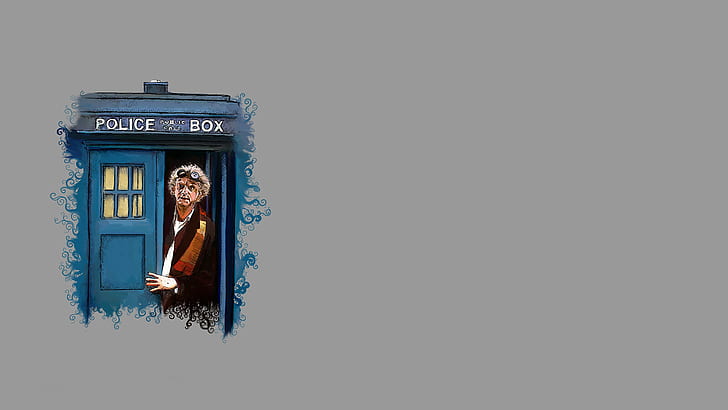 scarf, glasses, parody, booth, grey background, Doctor Who, police, The TARDIS, TARDIS, Back to the Future, Christopher Lloyd, Doc, Dr. Emmett Brown, HD wallpaper