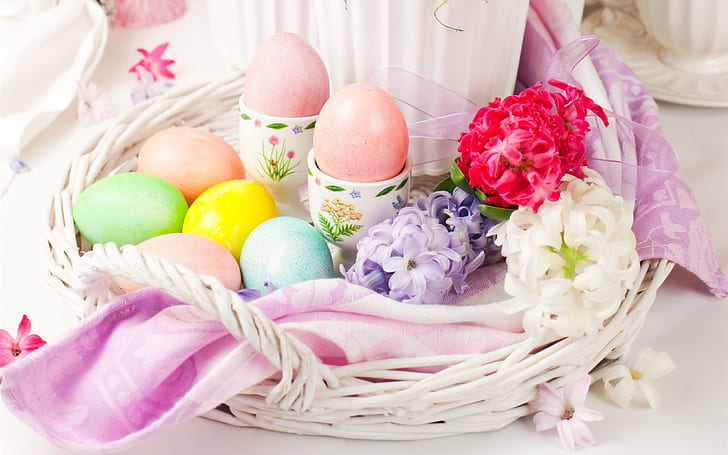 Uova di Pasqua, fiori, decorazione, cestino, Pasqua, uova, fiori, decorazione, cestino, Sfondo HD