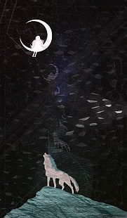 glitch art, astratto, lupo, luna, nero, Sfondo HD HD wallpaper