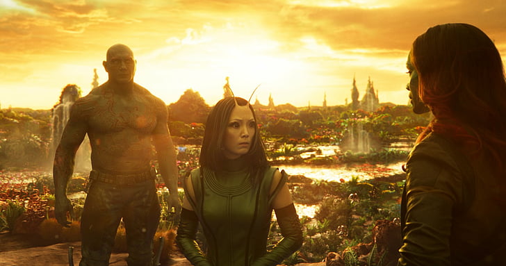 ภาพยนตร์ Guardians of the Galaxy Vol. 2, Dave Bautista, Drax The Destroyer, Gamora, Mantis (Marvel Comics), Pom Klementieff, Zoe Saldana, วอลล์เปเปอร์ HD