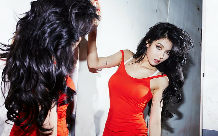Ärmelloses Kleid mit rotem U-Ausschnitt für Damen, Hyuna, langes Haar, HD-Hintergrundbild