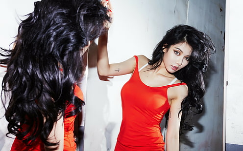 czerwona damska sukienka bez rękawów z okrągłym dekoltem, Hyuna, długie włosy, Tapety HD HD wallpaper