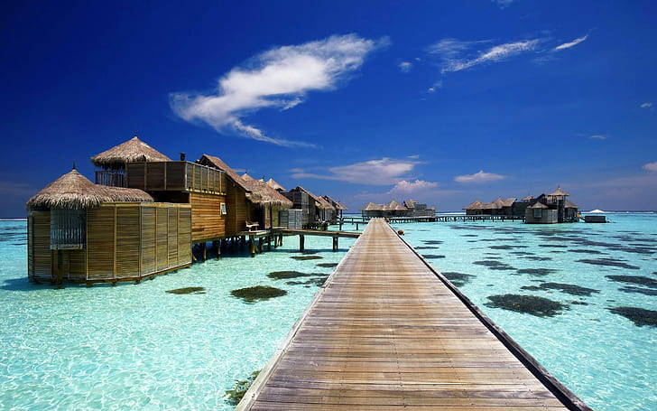 Luxusresort in Malediven, braunes hölzernes Dock, Meer, Landschaft, Sommer, HD-Hintergrundbild
