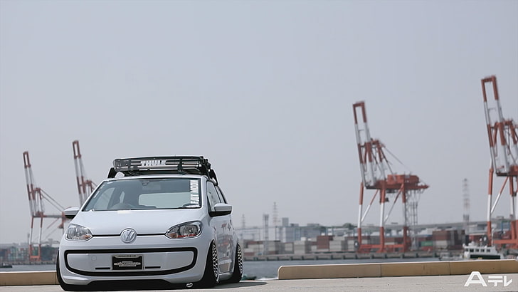 Volkswagen Up!, Volkswagen, Air ride, airride, harbor, car, tuning, light blue, Stance, Fatmoon, Japan, HD wallpaper