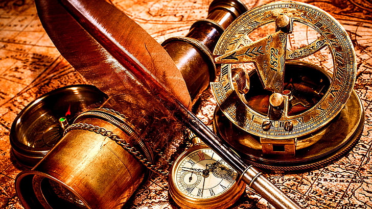 vintage, cobre, bronze, mapa, bússola, mapa antigo, velho, telescópio, relógio de bolso, relógio, HD papel de parede