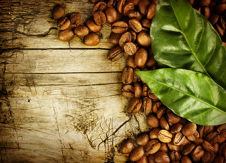 coffee beans, coffee, grains, leaves, board, HD wallpaper