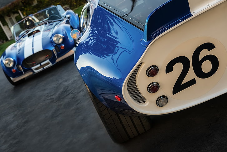 синьо и бяло Shelby Cobra 427 купе, shelby cobra, daytona coupe, 1965, 1967, класически, състезателни автомобили, HD тапет