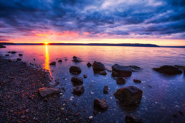 landscape, coast, beach, sunset, reflection, purple sky, lake, overcast, HD wallpaper