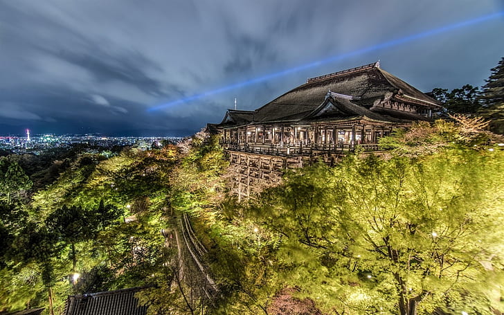 Kiyomizu-dera, Kyoto, Japan, night, temple, trees, Kiyomizu, Kyoto, Japan, Night, Temple, Trees, HD wallpaper
