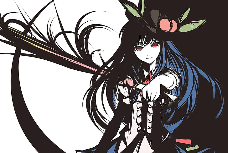 fondo de pantalla de personaje de anime femenino de cabello negro, cabello oscuro, ojos rojos, espada, cabello azul, mujeres, dibujo, chicas anime, anime, Hinanawi Tenshi, Touhou, Fondo de pantalla HD