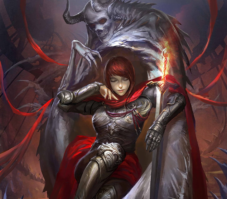 женщина рыцарь со скелетом цифровые обои, девушка, монстр, меч, демон, арт, сидя, легенда о криптидах, HD обои
