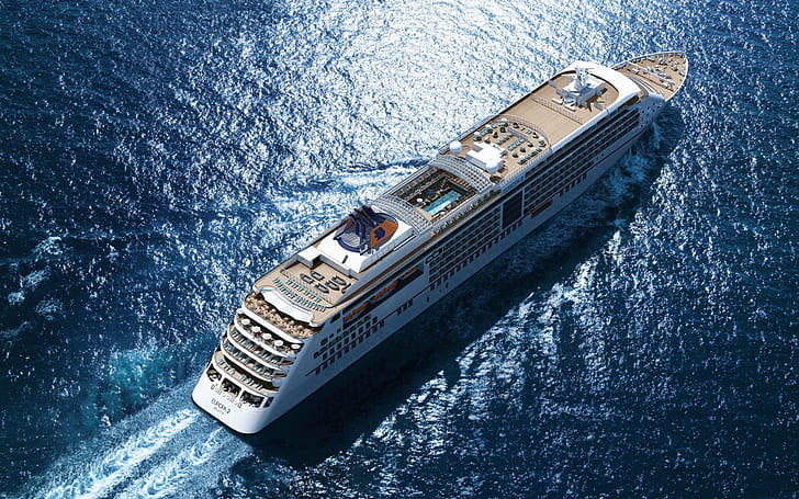 aerial view, blue, sea, cruise ship, ship, HD wallpaper