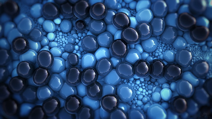 синие и черные шарики цифровые обои, абстракция, 3D, марио транс пхук, галька, голубой, синий, глянец, HD обои