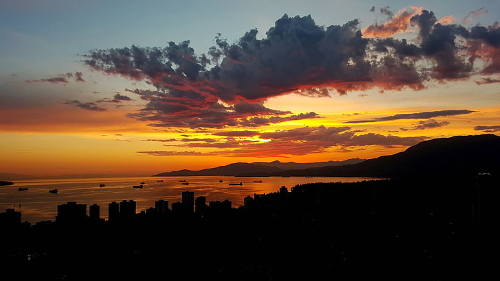 berg, stad, Vancouver, British Columbia, solnedgång, himmel, moln, HD tapet