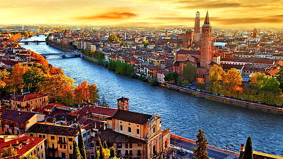 skyline, verona, adige river, sky, view, water, river, aerial view, sunset, evening, city, autumn, europe, aerial photography, italy, urban area, landmark, waterway, cityscape, HD wallpaper HD wallpaper