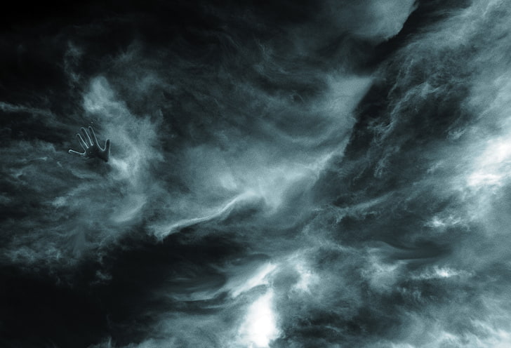 svart och grå grafik konst, hand, moln, dyster, himmel, HD tapet