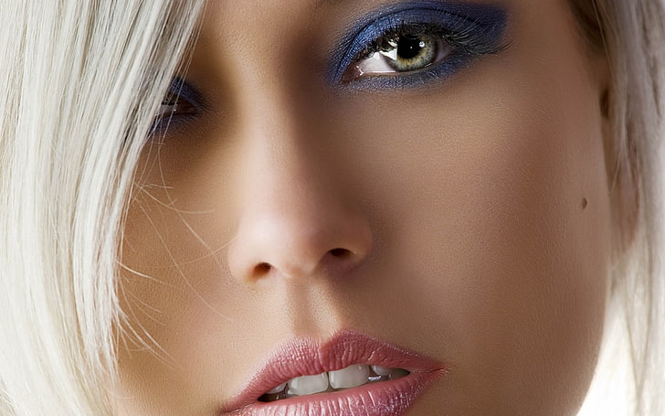 woman's pink lipstick and purple eye shadow, eyes, women, lips, face, blonde, HD wallpaper
