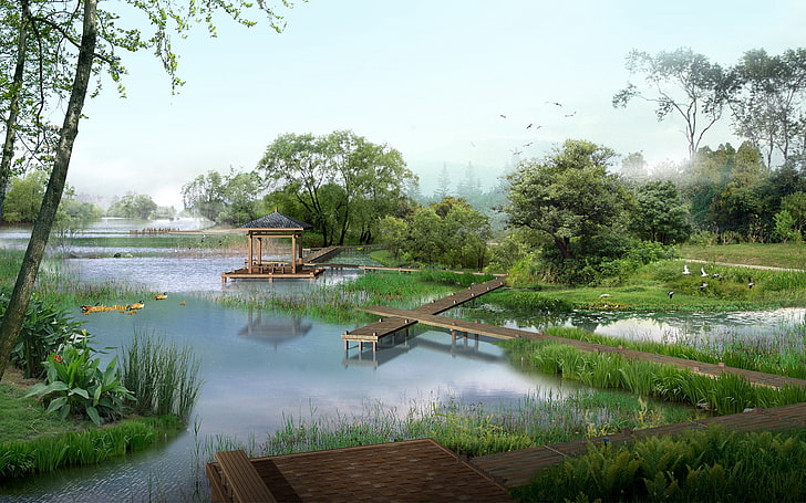 wooden dock painting, river, bridge, grass, nature, HD wallpaper